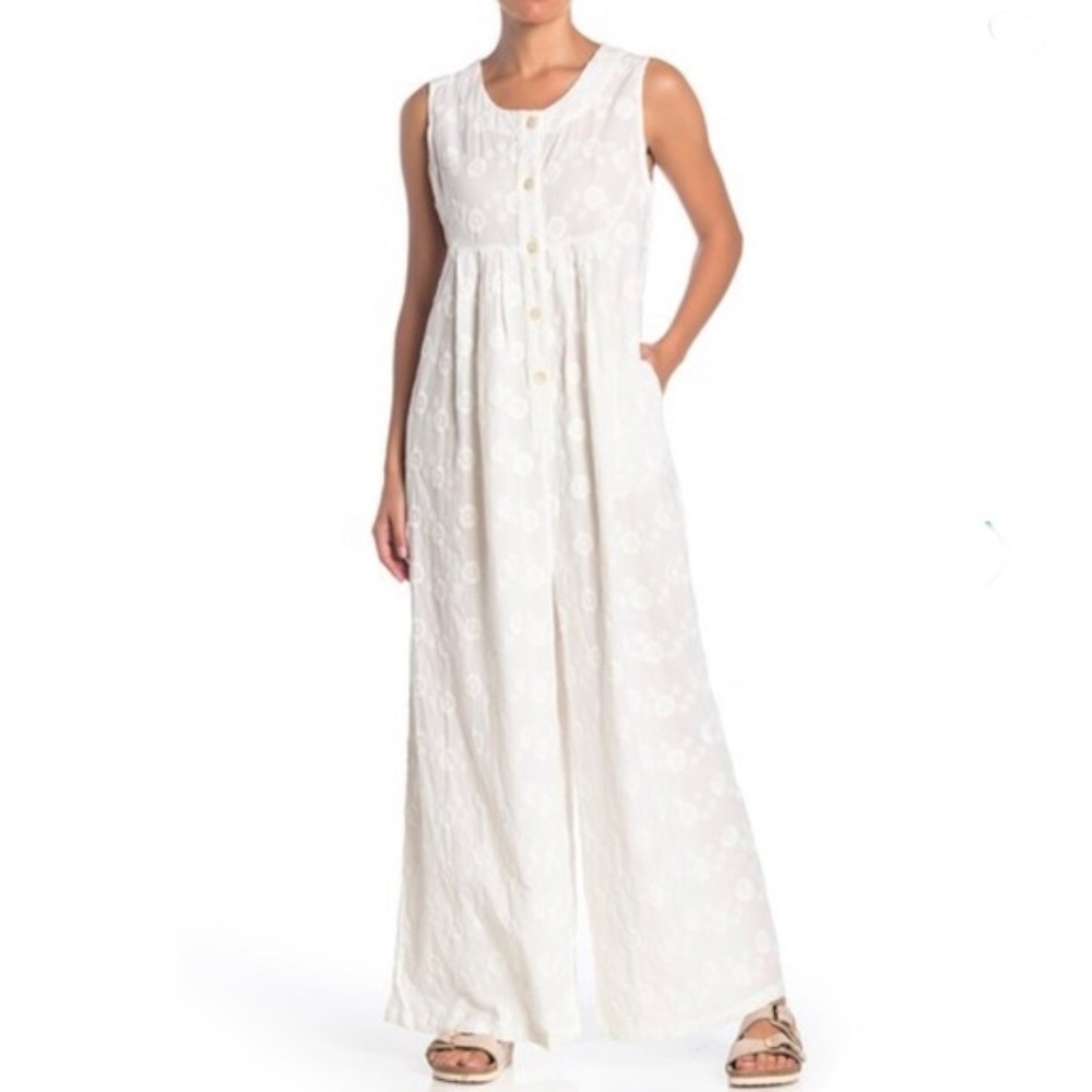 Free People Flower Embroidered Wide Leg Jumpsuit S